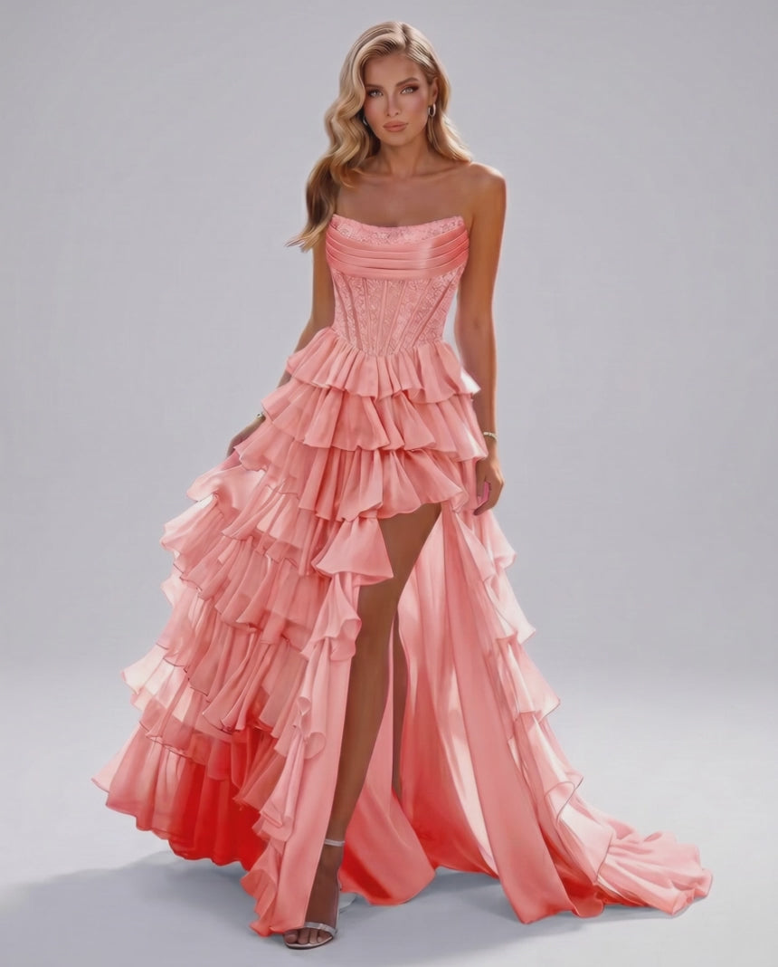 Celestia Maxi Dress by Lauven — organza strapless corset tiered maxi dress