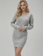 Sterling Mini Dress by Lauven, soft cable knit V-neck sweater dress in light gray, perfect for elegant and relaxed wear.