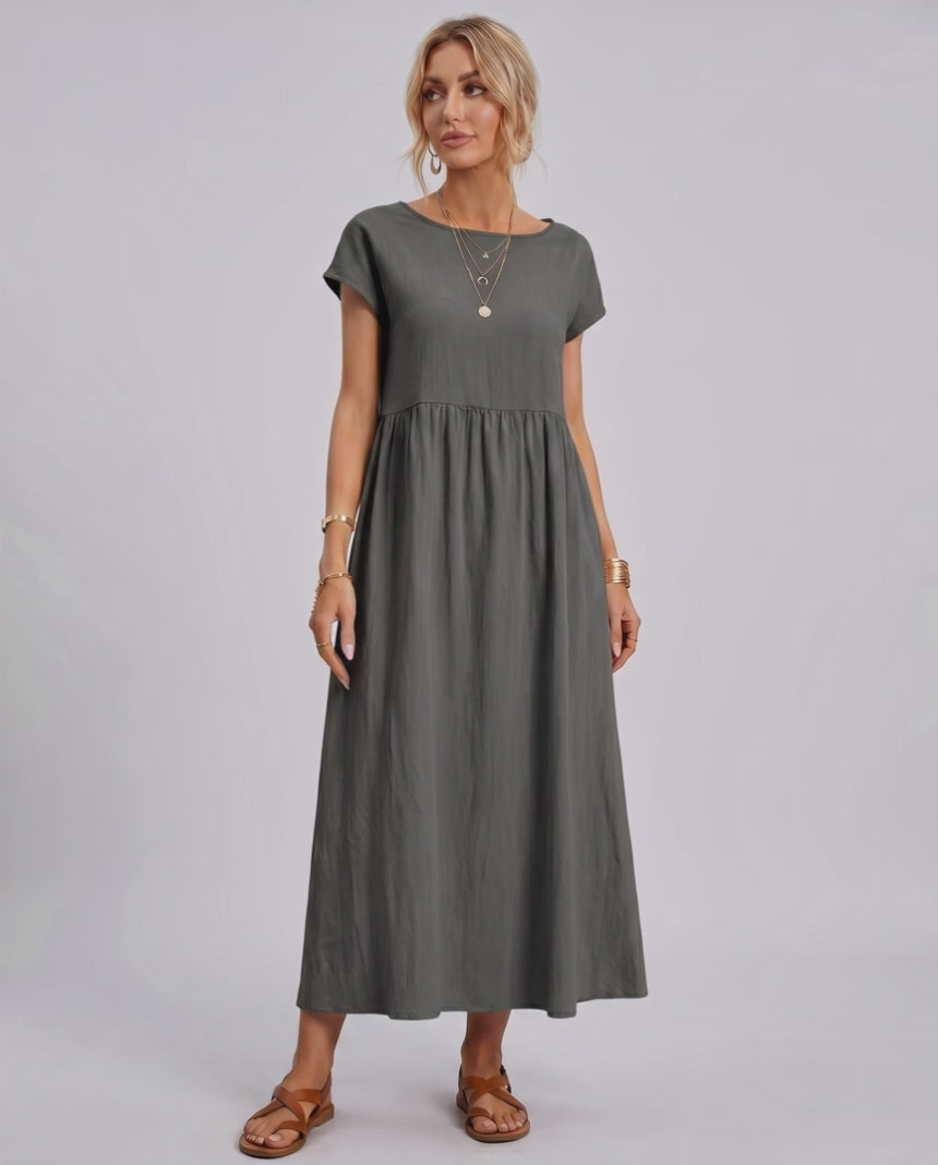 Solenne Midi Dress by Lauven — cotton linen short sleeve o-neck loose midi dress