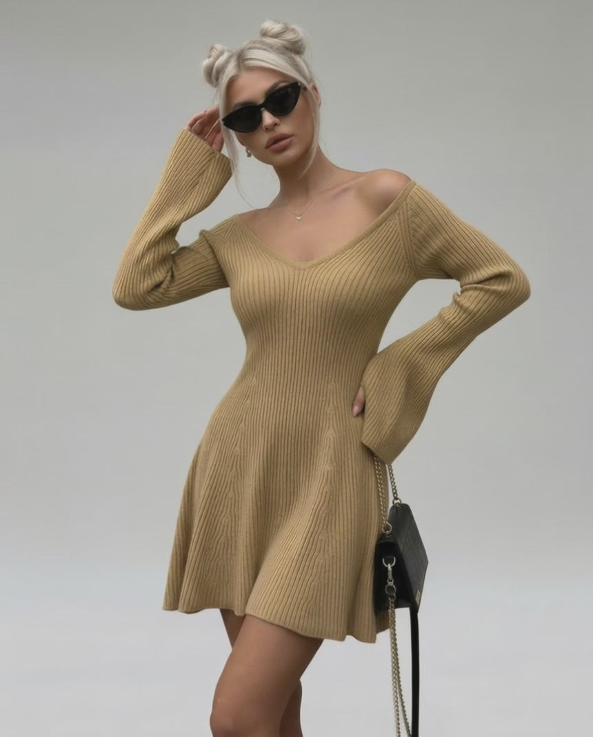 Saffron Mini Dress by Lauven in camel knit with V-neck and flared sleeves for a stylish look.