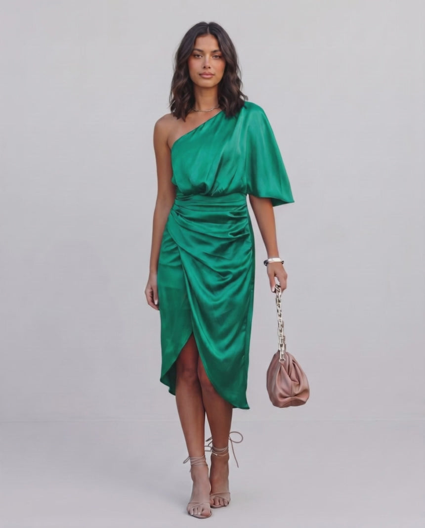 Veloura Midi Dress by Lauven — satin one shoulder draped midi dress with slit