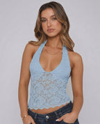 Veloura Top by Lauven — women’s floral lace halter top with sheer mesh detail