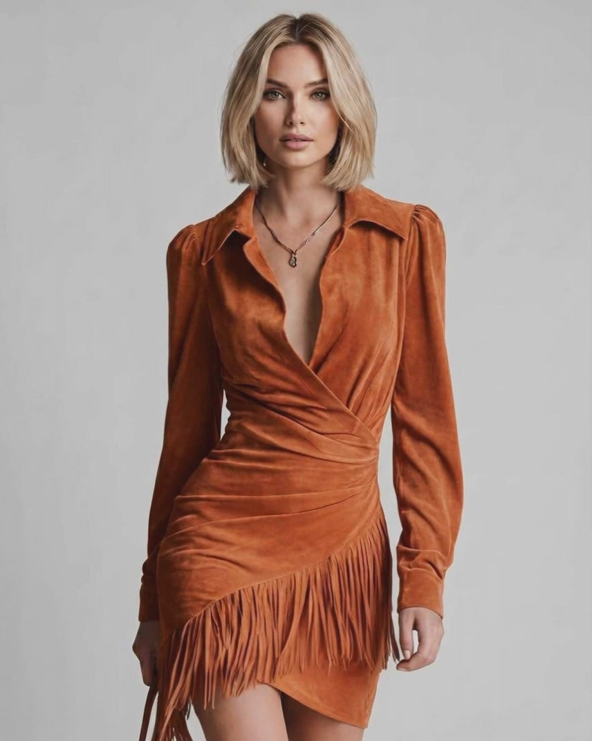 Veloura Mini Dress by Lauven — suede leather long sleeve turn-down collar ruched mini dress