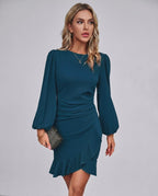 Virelle Mini Dress by Lauven — long sleeve round neck fitted mini dress with ruffle hem