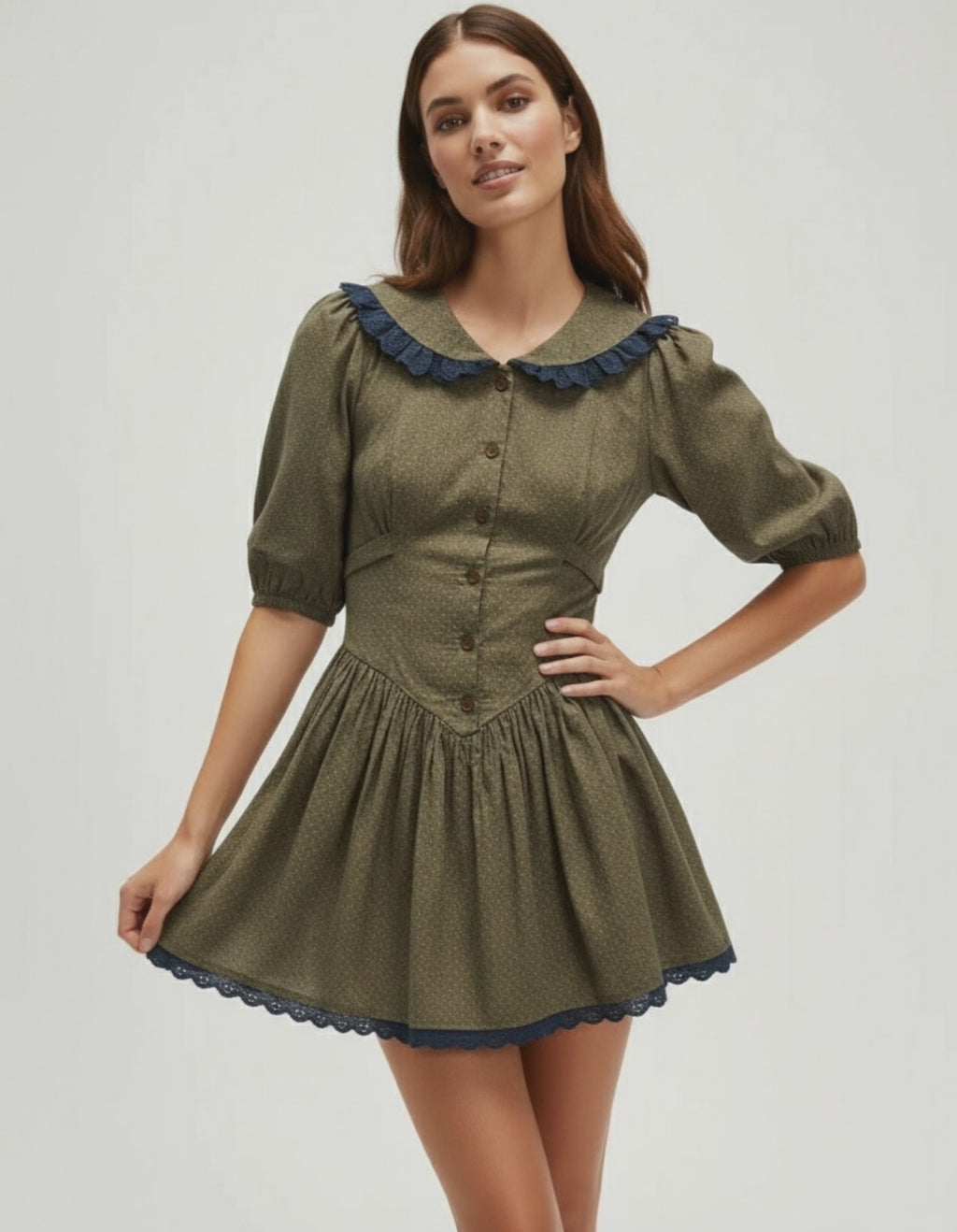 Aveline Mini Dress by Lauven featuring a Peter Pan collar and puff sleeves in olive green with navy accents.