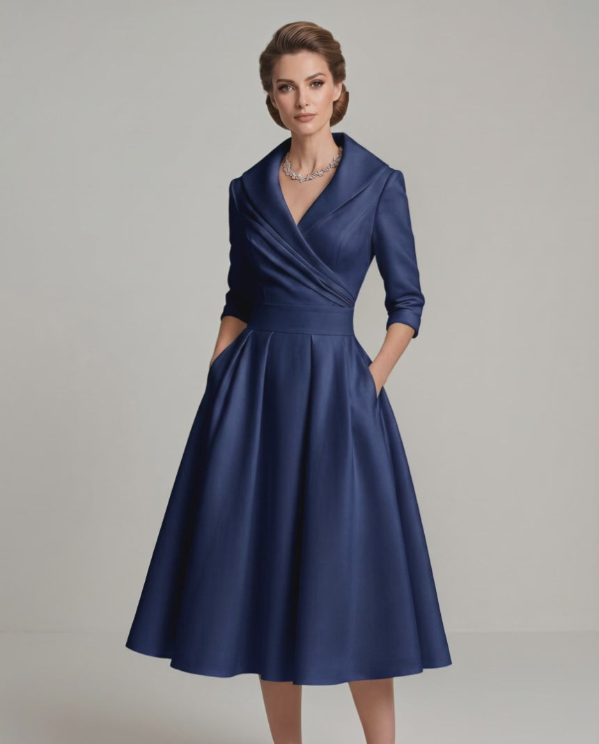 Veloura Midi Dress by Lauven — satin blend long sleeve V-neck A-line midi dress