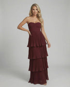Valencia Maxi Dress by Lauven – Burgundy Strapless Pleated Chiffon Dress for Elegant Evening & Wedding Guest Style
