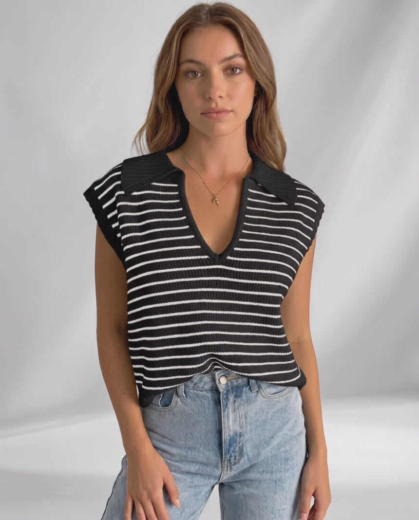 Solvane T-Shirt by Lauven — women’s ribbed striped T-shirt with lapel collar and V-neck knit design