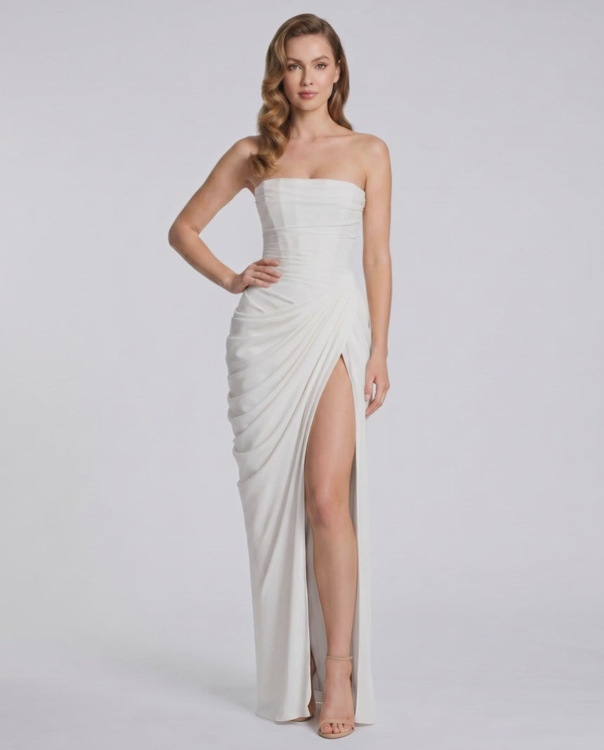 Noiré Maxi Dress by Lauven — stretch blend sleeveless strapless draped maxi dress