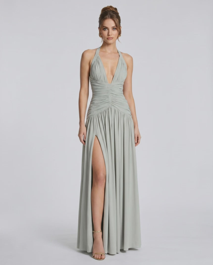 Veloura Maxi Dress by Lauven — stretch blend sleeveless deep V-neck ruched maxi dress