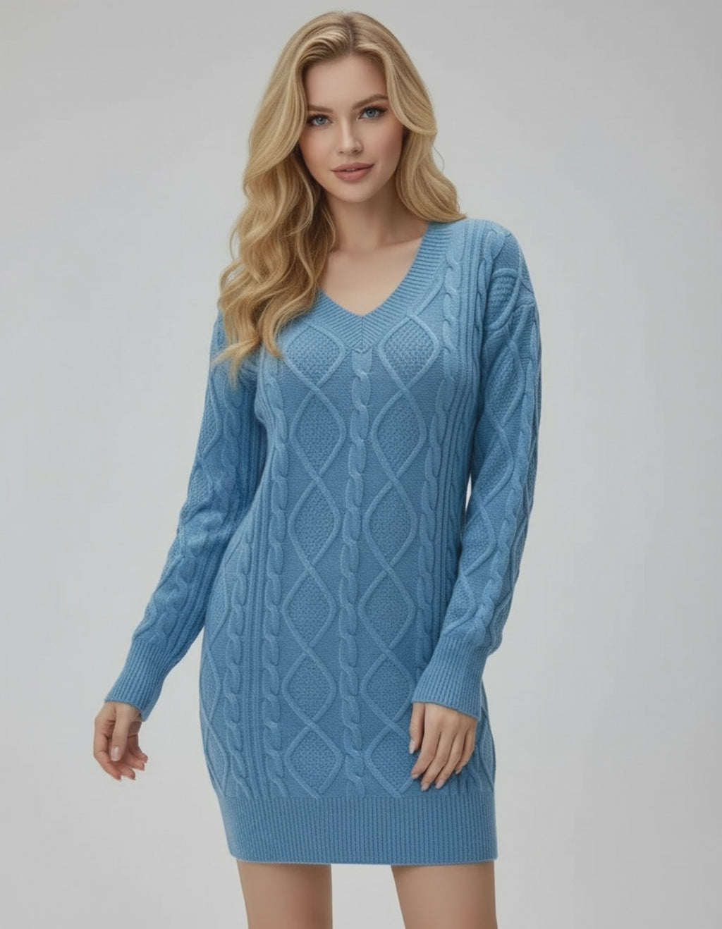Arden Knit Dress by Lauven, a blue cable knit long sleeve sweater dress with V-neckline.