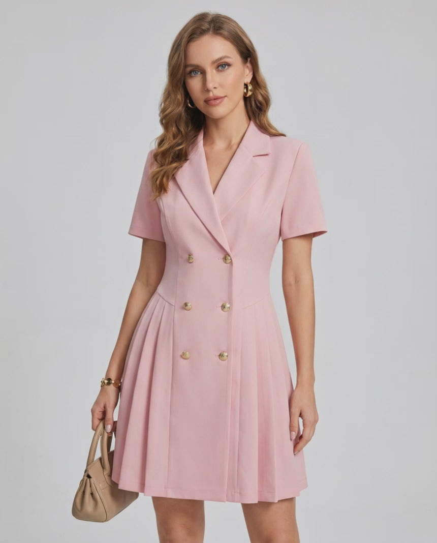 Veloura Mini Dress by Lauven — polyester blend short sleeve notched lapel tailored mini dress