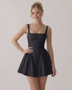 Aurora Mini Dress by Lauven — white, black and pink mini dress, strapless, A-line