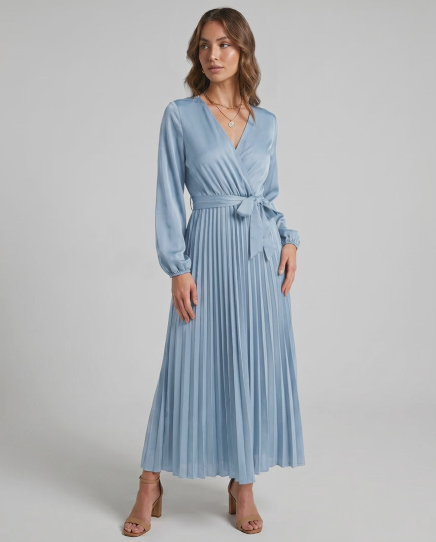 Elara Maxi Dress by Lauven — satin long sleeve V-neck A-line maxi dress with pleats and tie waist