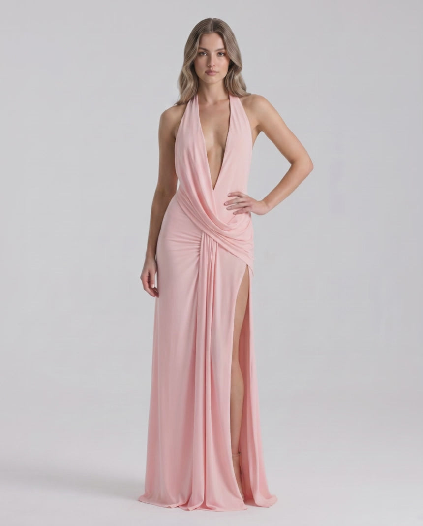 Solene Maxi Dress by Lauven — stretch jersey sleeveless deep v halter draped maxi dress