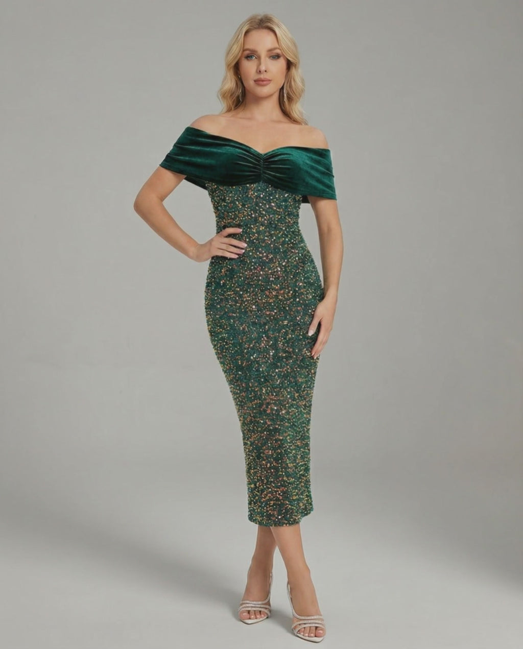 Celeste Midi Dress by Lauven - Elegant off-shoulder green evening dress showcasing a fitted silhouette and luxurious velvet.