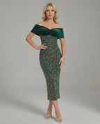 Celeste Midi Dress by Lauven - Elegant off-shoulder green evening dress showcasing a fitted silhouette and luxurious velvet.