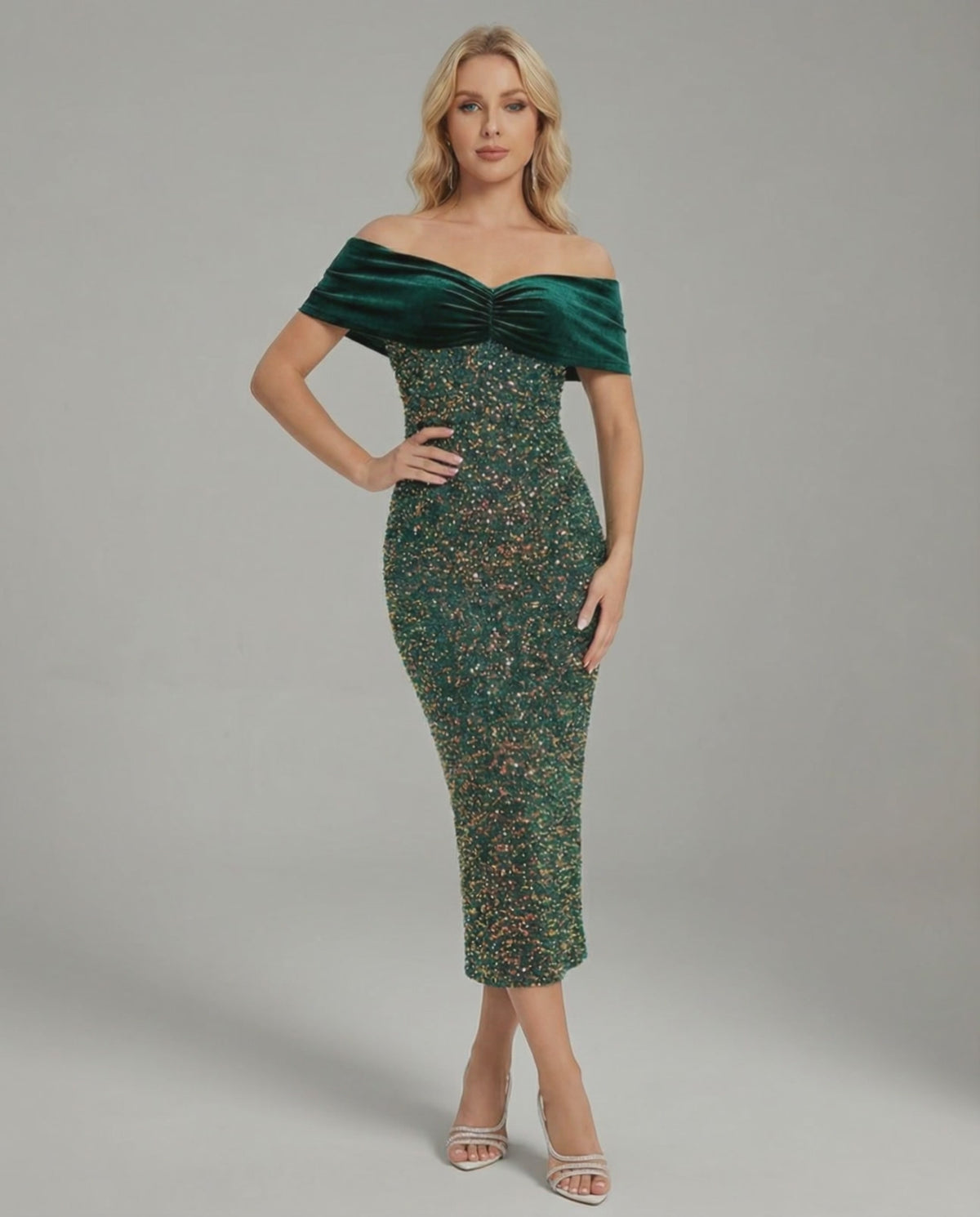 Celeste Midi Dress by Lauven - Elegant off-shoulder green evening dress showcasing a fitted silhouette and luxurious velvet.