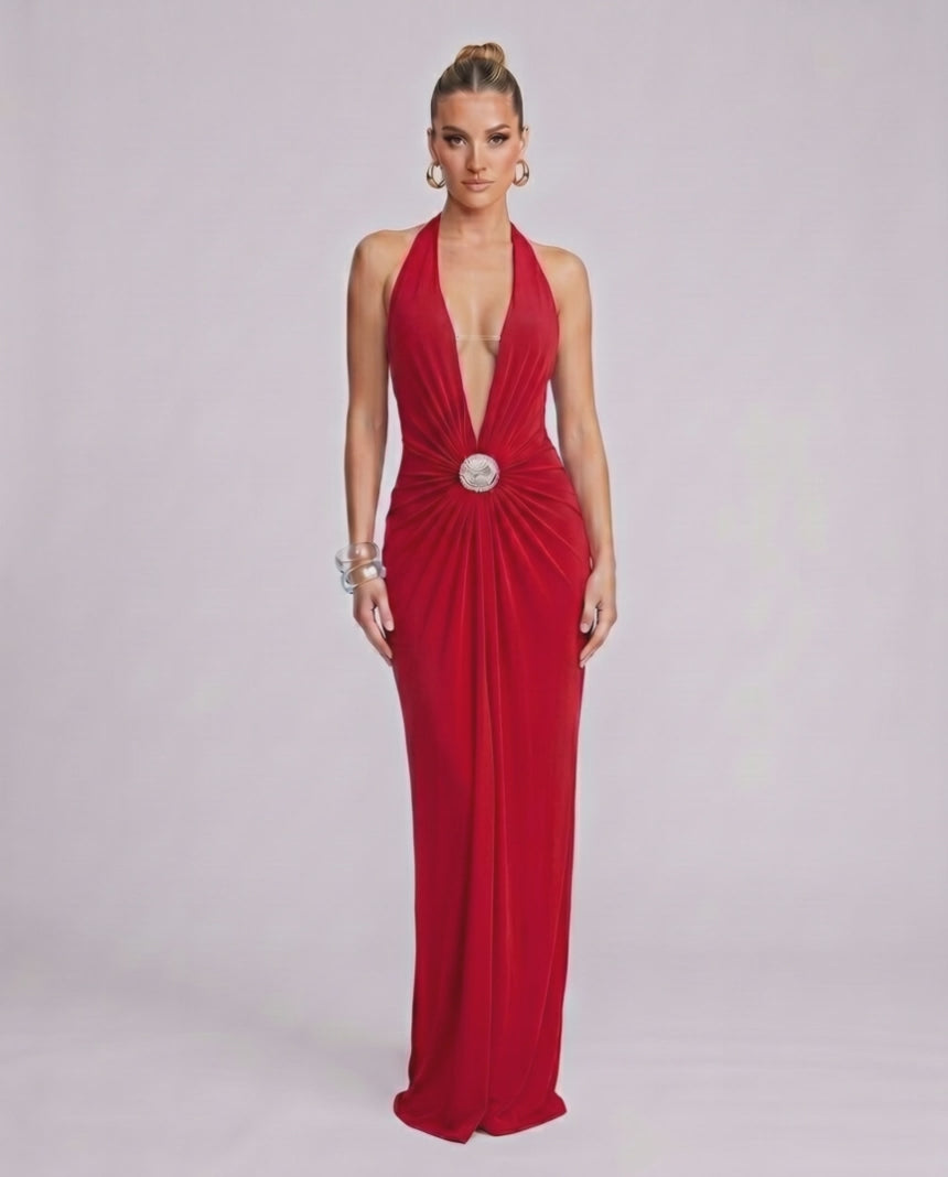 Aurelis Maxi Dress - Red bodycon with V-neck, gathered waist, and subtle sheen from Lauven. Elegant and sophisticated style.