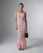 Rosaline Maxi Dress by Lauven – Pink bodycon maxi dress with hollow out knit texture and ruffled hem.