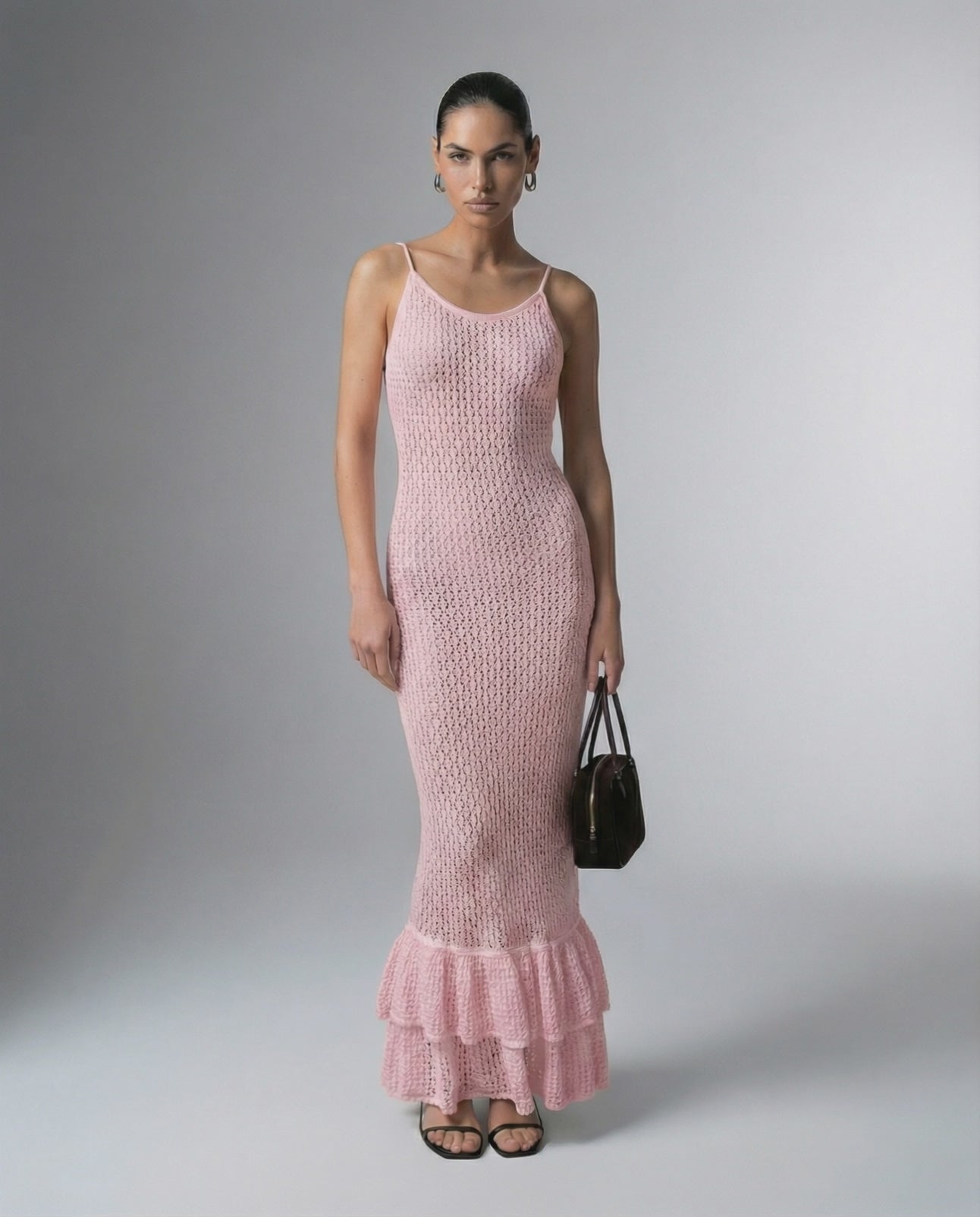 Rosaline Maxi Dress by Lauven – Pink bodycon maxi dress with hollow out knit texture and ruffled hem.