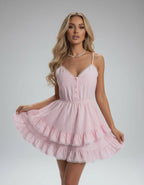 Elara Mini Dress by Lauven in soft pink with tiered ruffle skirt and lace trim detail.