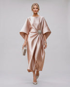 Seralyn Midi Dress by Lauven — satin kimono sleeve boat neck draped midi dress