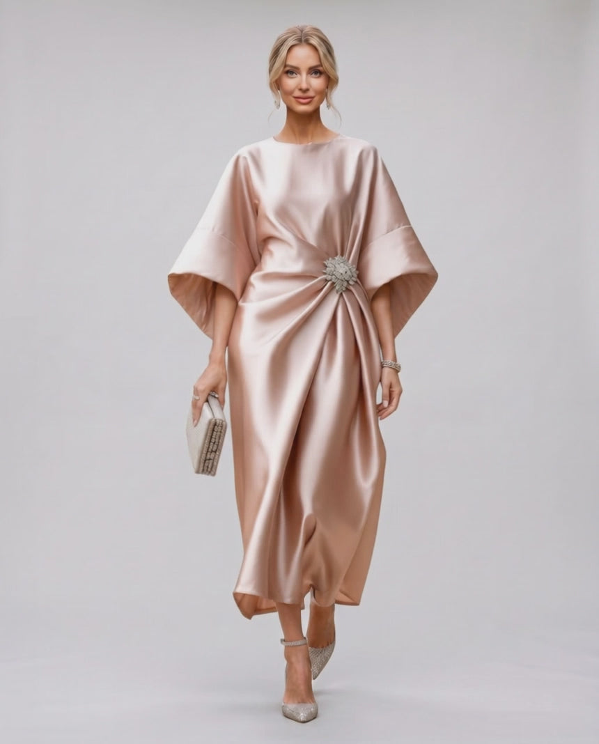 Seralyn Midi Dress by Lauven — satin kimono sleeve boat neck draped midi dress