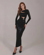 Zafira Maxi Dress - Black long sleeve dress with cut-out details, metallic accents, and fitted silhouette by Lauven.