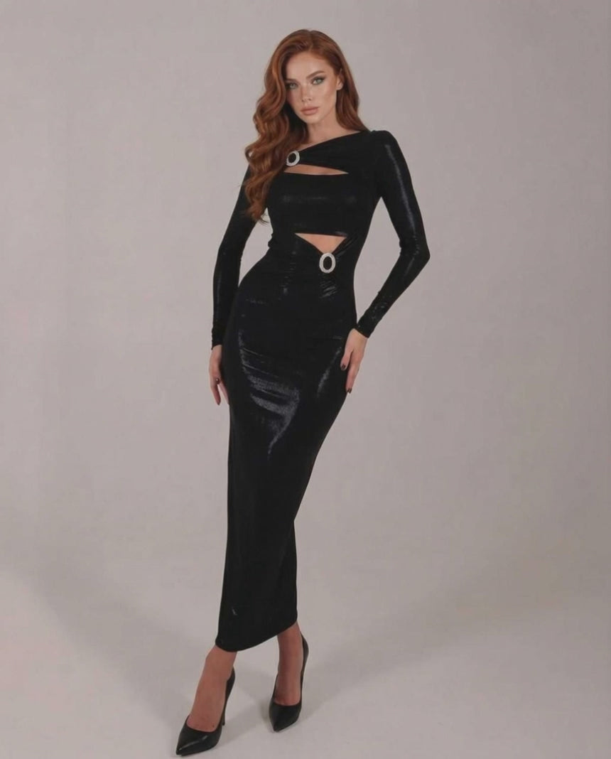 Zafira Maxi Dress - Black long sleeve dress with cut-out details, metallic accents, and fitted silhouette by Lauven.