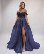 Celestia Maxi Dress by Lauven — tulle lace off-shoulder sweetheart A-line maxi dress