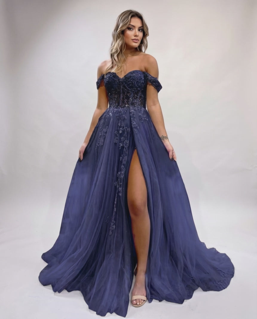 Celestia Maxi Dress by Lauven — tulle lace off-shoulder sweetheart A-line maxi dress