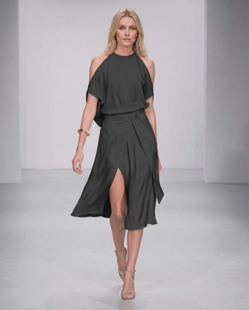 Seralyn Midi Dress by Lauven — halter sleeveless wrap midi dress with tie waist and front slit