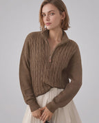 Veloura Sweater by Lauven — women’s cable knit half-zip sweater with ribbed texture and relaxed fit