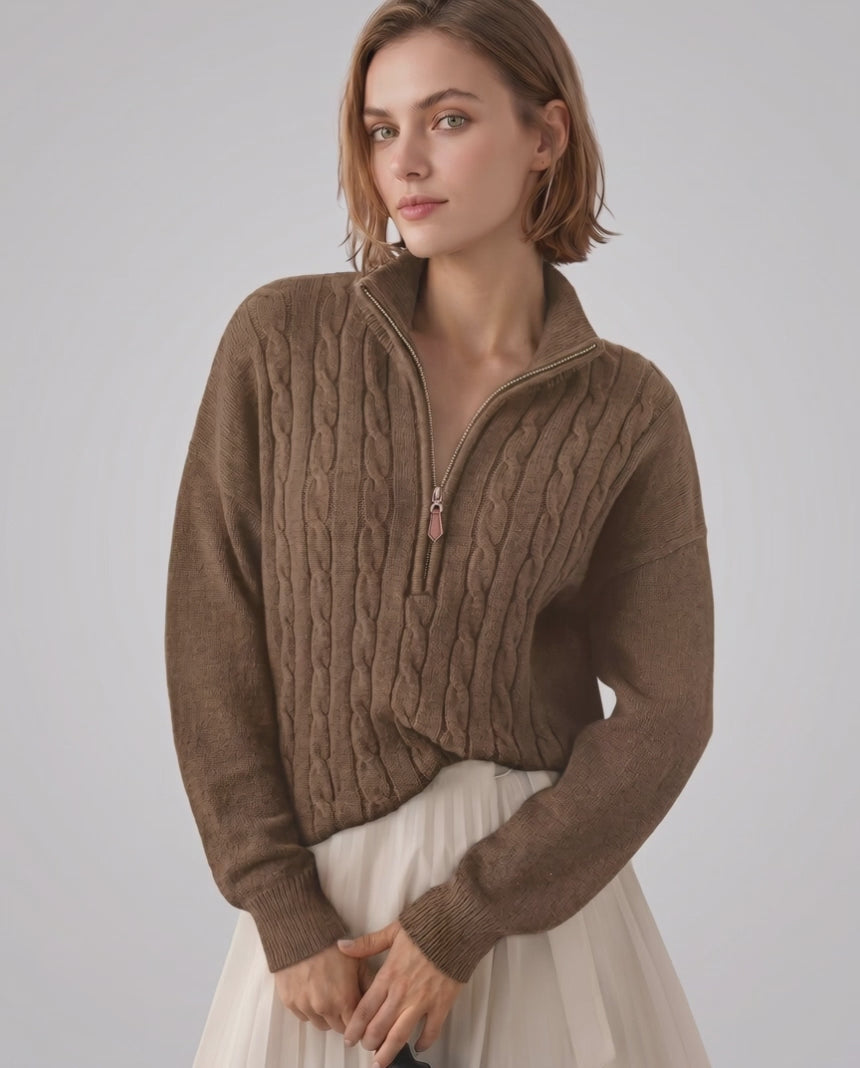Veloura Sweater by Lauven — women’s cable knit half-zip sweater with ribbed texture and relaxed fit