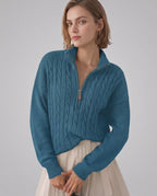 Veloura Sweater by Lauven — women’s cable knit half-zip sweater with ribbed texture and relaxed fit