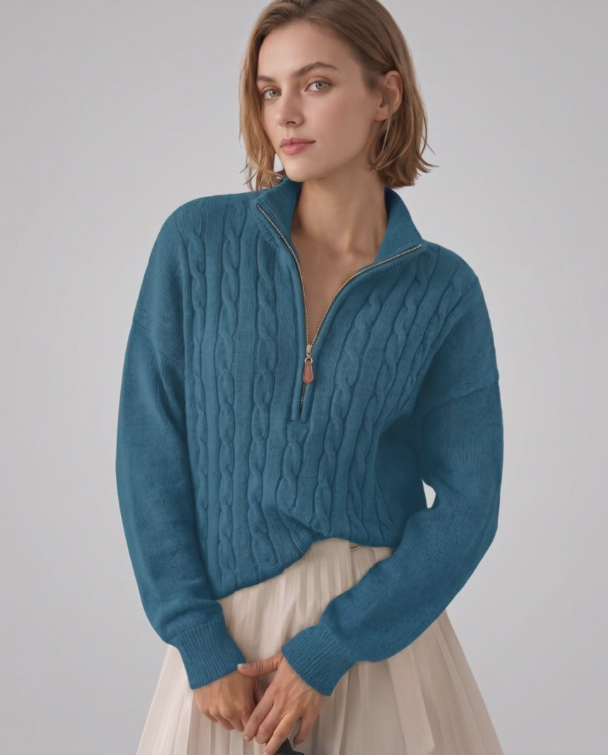 Veloura Sweater by Lauven — women’s cable knit half-zip sweater with ribbed texture and relaxed fit