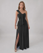 Serelune Maxi Dress by Lauven — stretch satin sleeveless one-shoulder A-line maxi dress