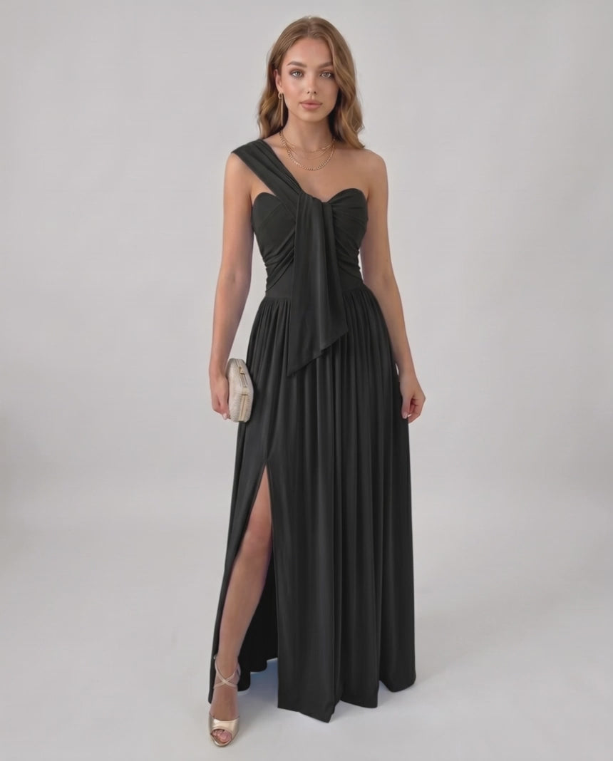Serelune Maxi Dress by Lauven — stretch satin sleeveless one-shoulder A-line maxi dress