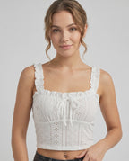 Elowen Top by Lauven — women’s eyelet embroidery crop top with ruffle straps and bow front sleeveless summer cami