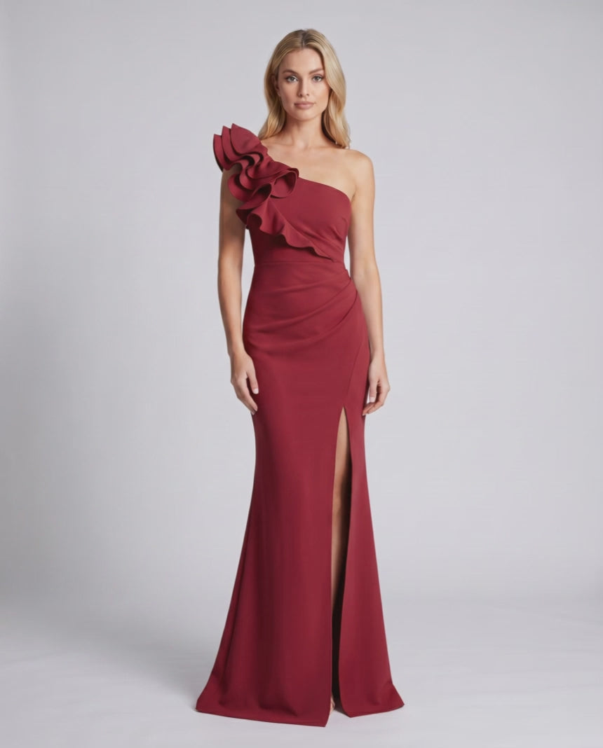 Aurelium Maxi Dress, one-shoulder design, smooth stretch fabric, Lauven brand, elegant silhouette.