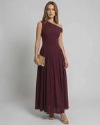 Valencia Maxi Dress: Elegant burgundy one shoulder A-line silhouette, perfect for evening events by Lauven.