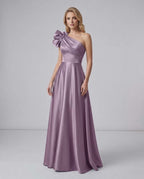 Aurevina Maxi Dress by Lauven — satin one shoulder A-line maxi dress with ruffle detail