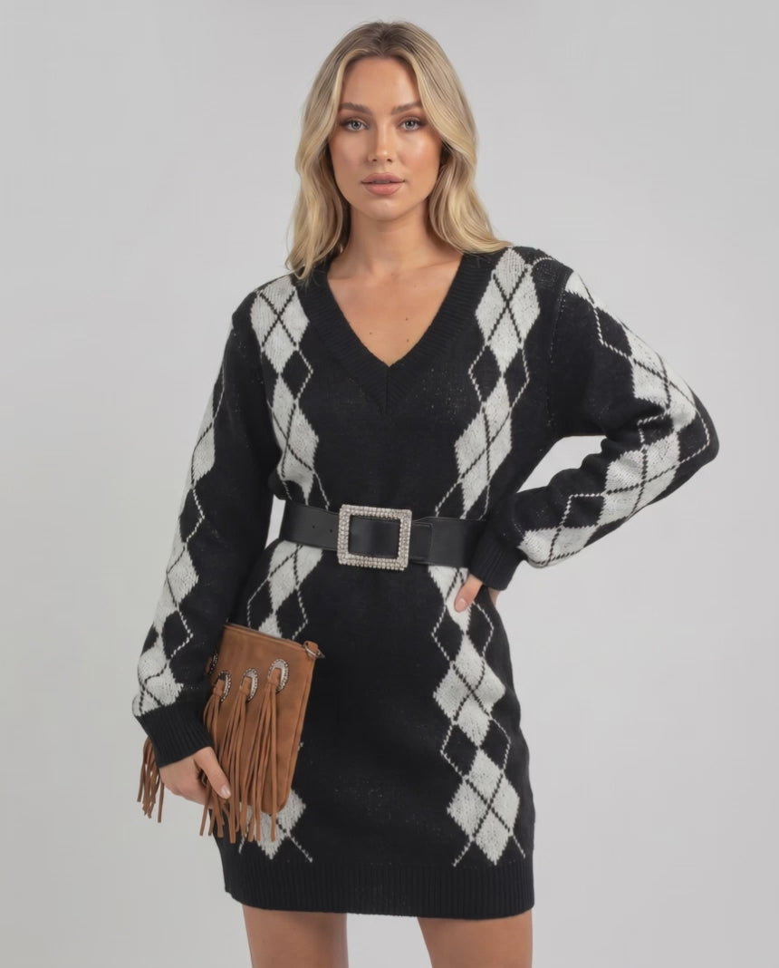 Arden Mini Dress by Lauven, featuring acrylic knit, V-neck, argyle pattern, and a cozy relaxed silhouette.