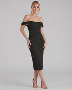Celeste Midi Dress by Lauven — crepe-lined off-shoulder corset fitted midi dress