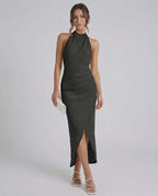 Lauven Celeste Midi Dress - Elegant black halter neck evening dress with a slit for sophistication.