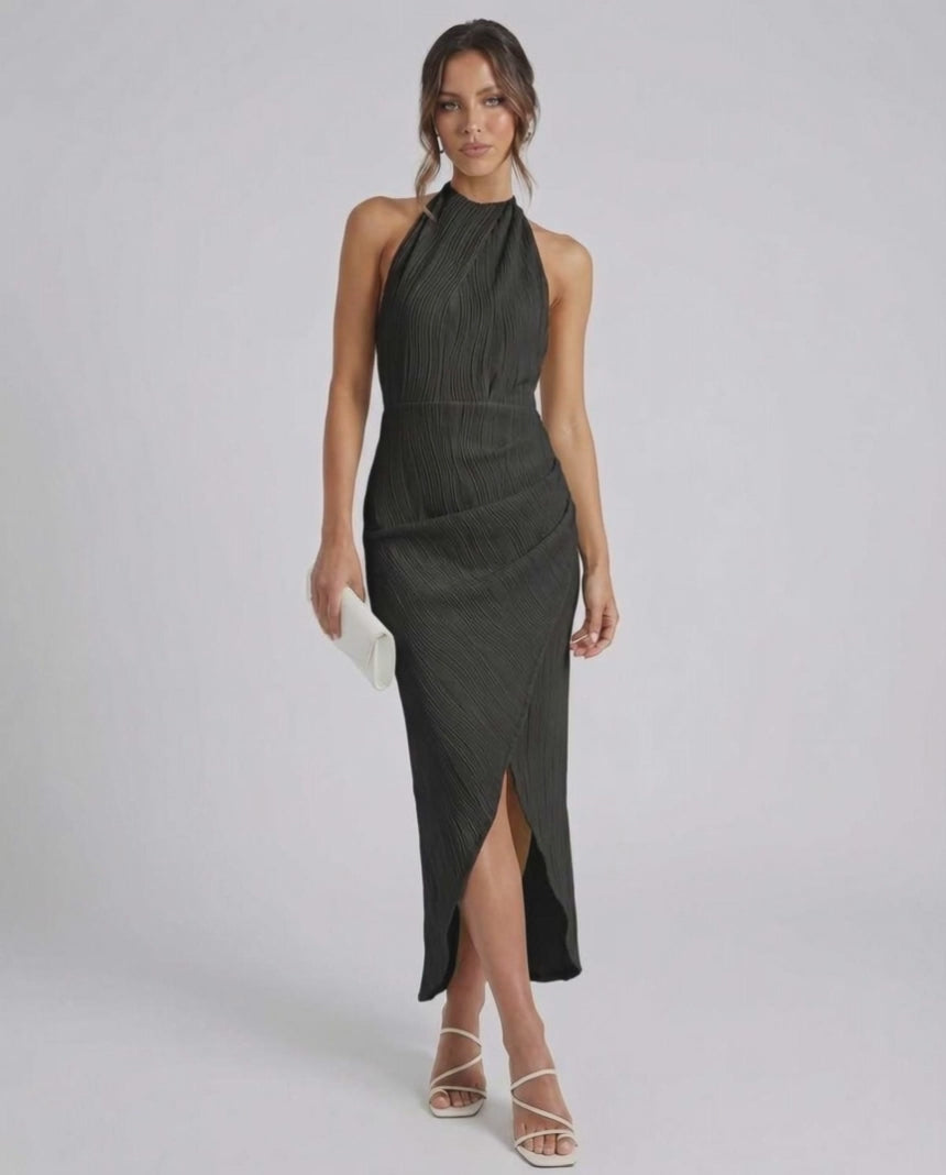 Lauven Celeste Midi Dress - Elegant black halter neck evening dress with a slit for sophistication.