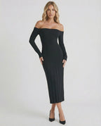 Celeste Midi Dress by Lauven, elegant off-shoulder black dress with slim fit, showcasing modern luxury style.