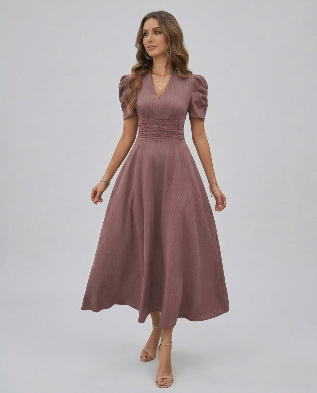 Sienna Midi Dress in mauve, featuring puffed sleeves, V-neckline, and ruched waist, perfect for elegant occasions by Lauven.