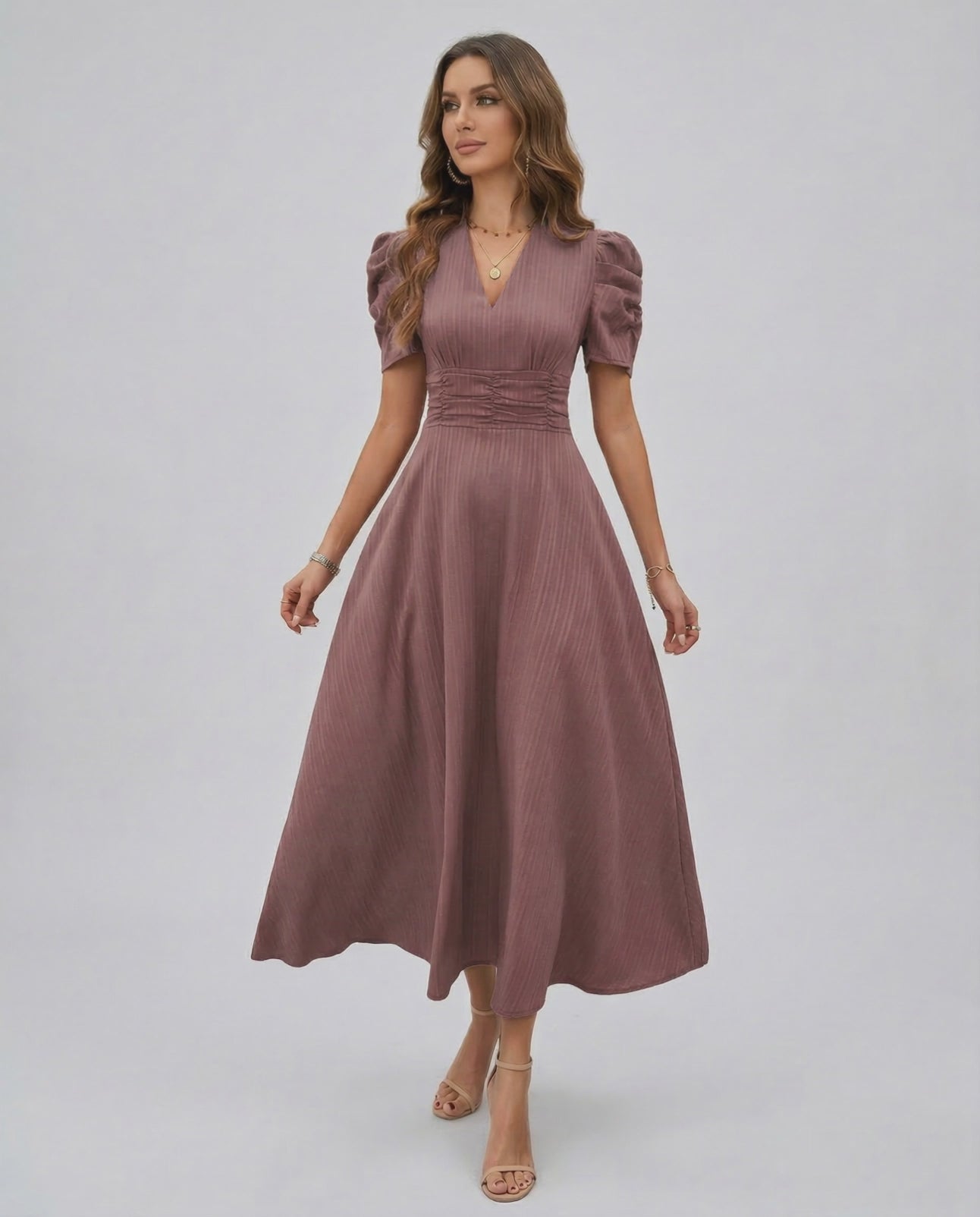 Sienna Midi Dress in mauve, featuring puffed sleeves, V-neckline, and ruched waist, perfect for elegant occasions by Lauven.